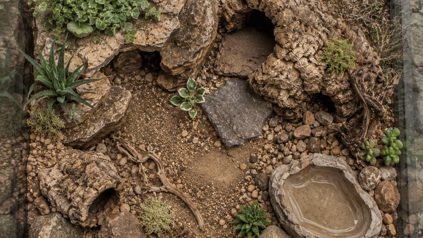 Well-decorated reptile terrarium setup for a crocodile gecko with cork bark hides, dry substrate and rock structures
