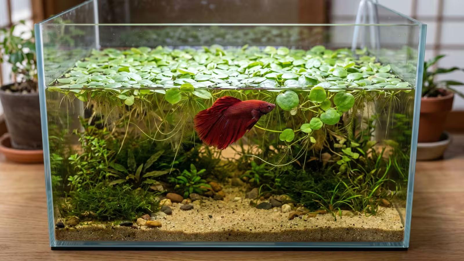 Rice paddy inspired betta tank with floating Amazon Frogbit covering the water surface