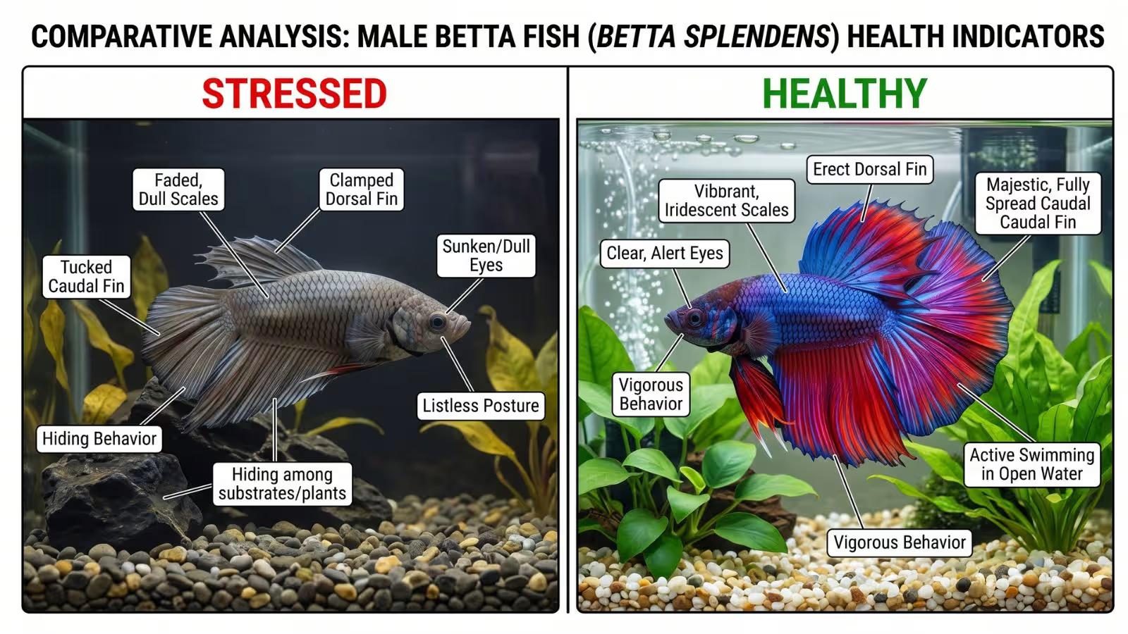 Side-by-side educational comparison of a stressed pale betta with clamped fins next to a vibrant healthy betta with extended fins showing clear behavioral and color differences
