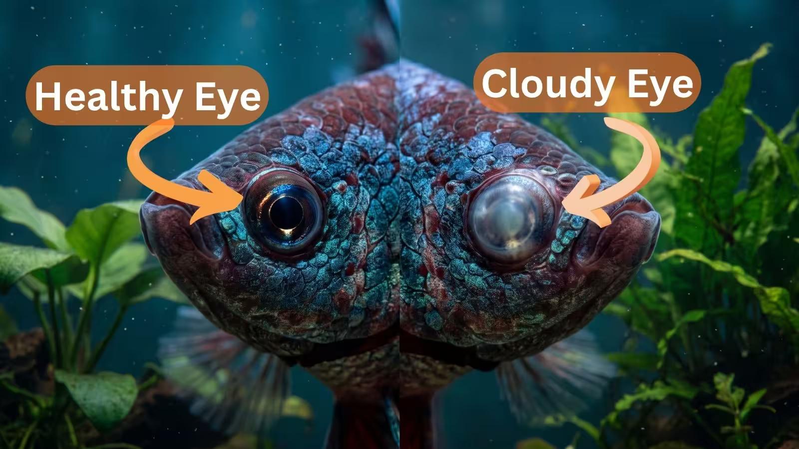 Betta fish cloudy eye treatment showing comparison of healthy and cloudy eye