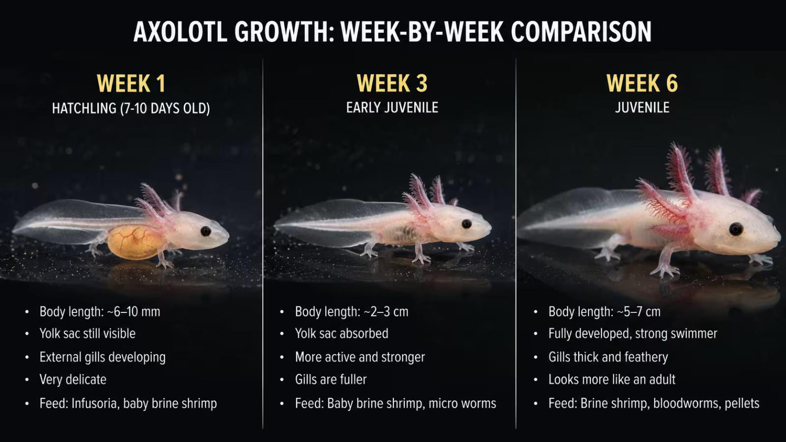 Week-by-week axolotl growth comparison - newborn axolotl hatchling development from week 1 to week 6