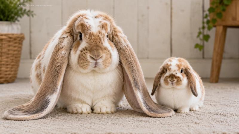 English Lop rabbit with extremely long ears next to Holland Lop for size comparison