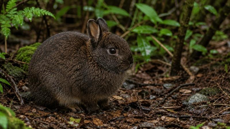 Amami rabbit dark brown with thick fur in Japanese forest