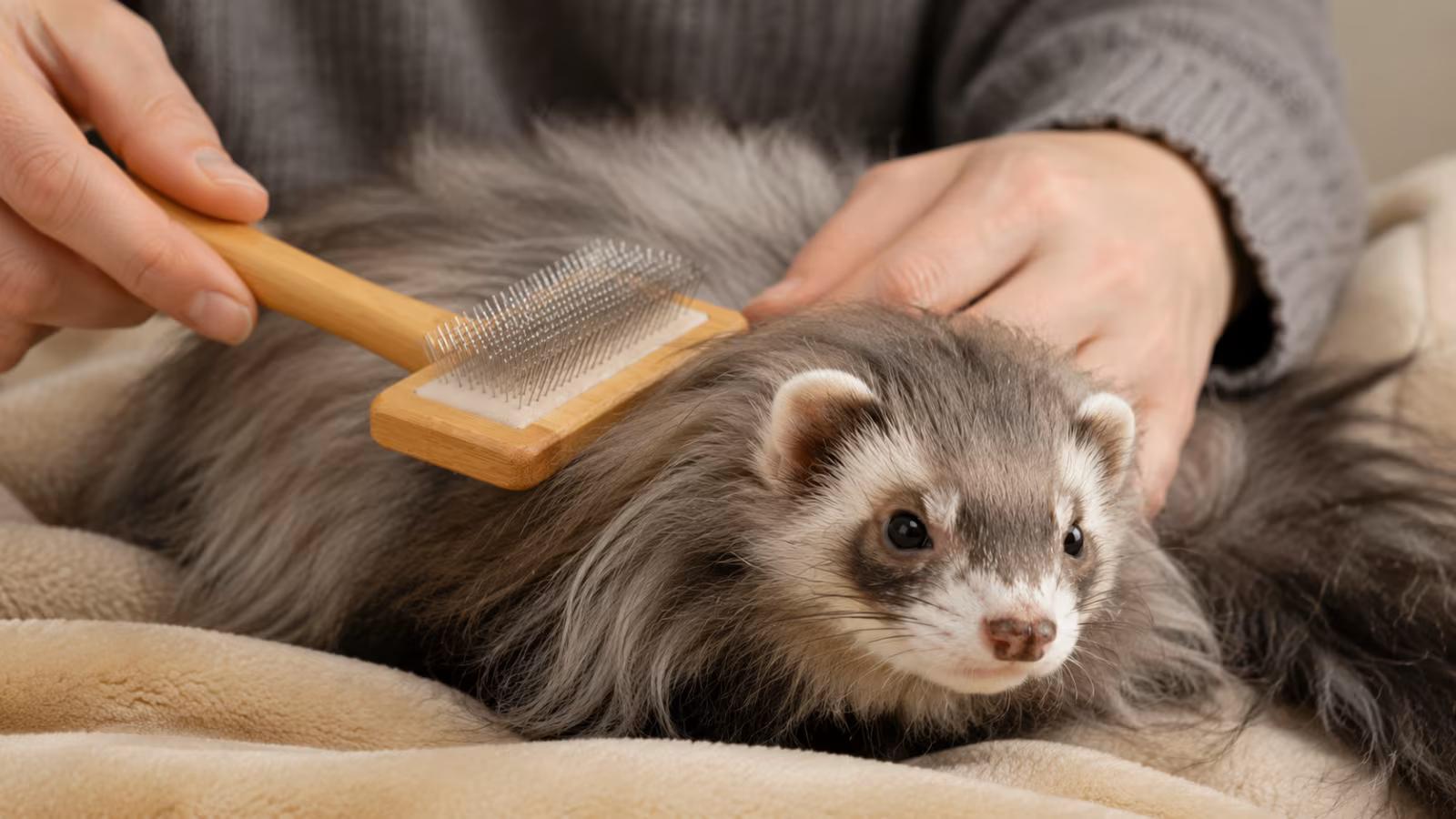 Hands gently brushing an angora ferret