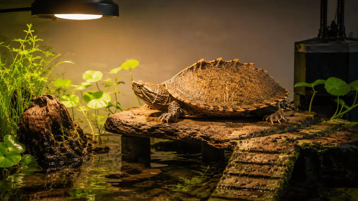 Razor-backed musk turtle basking on a platform under a UVB reptile lamp showing the keel profile clearly