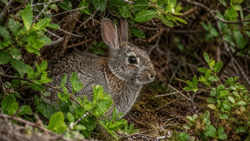 Brush rabbit hiding in dense vegetation along Pacific coast