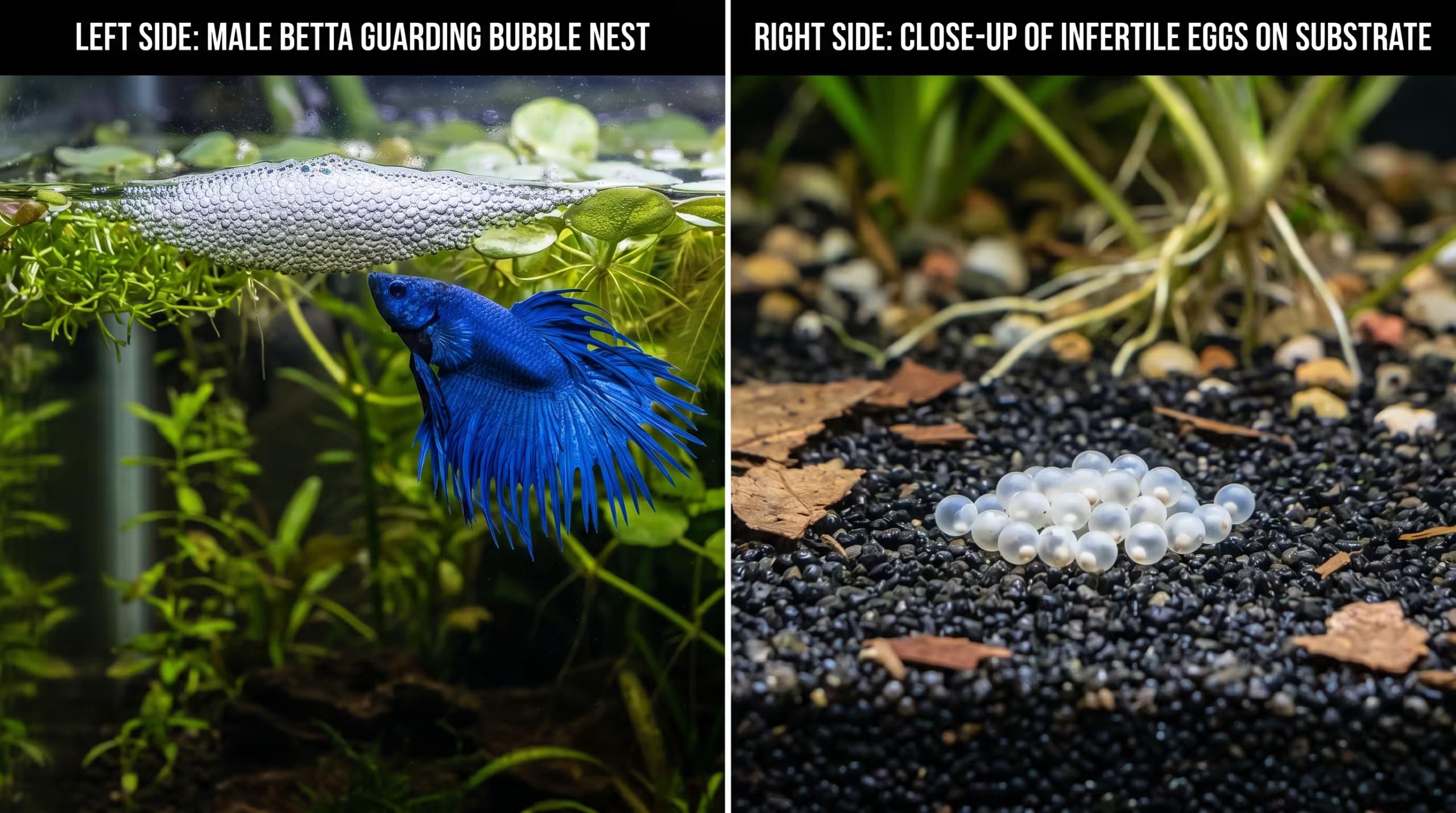 Side-by-side comparison showing male betta's bubble nest floating at water surface on left, and infertile eggs in tank substrate on right.
