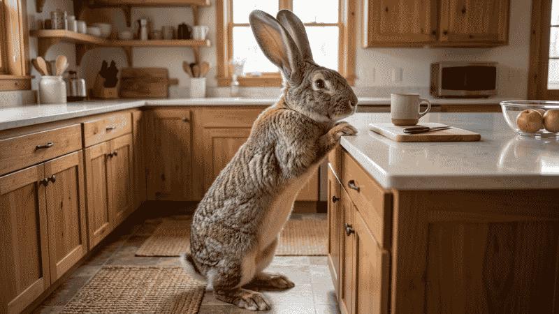 Flemish Giant rabbit standing on hind legs reaching counter height