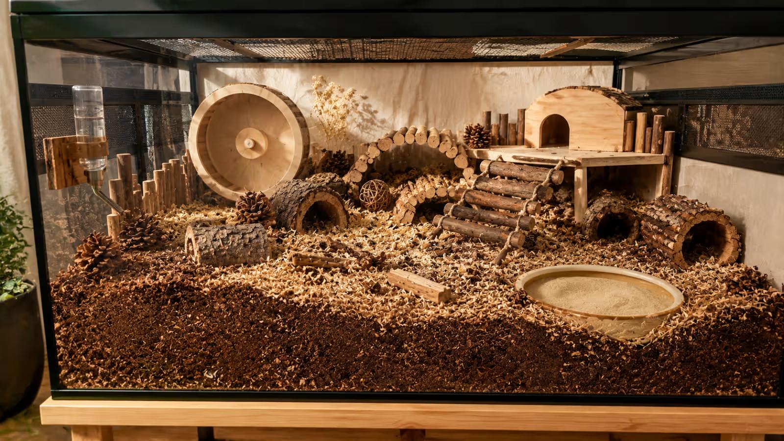 Large gerbil enclosure with deep bedding, wheel, hides, chew toys, tunnels, and sand bath