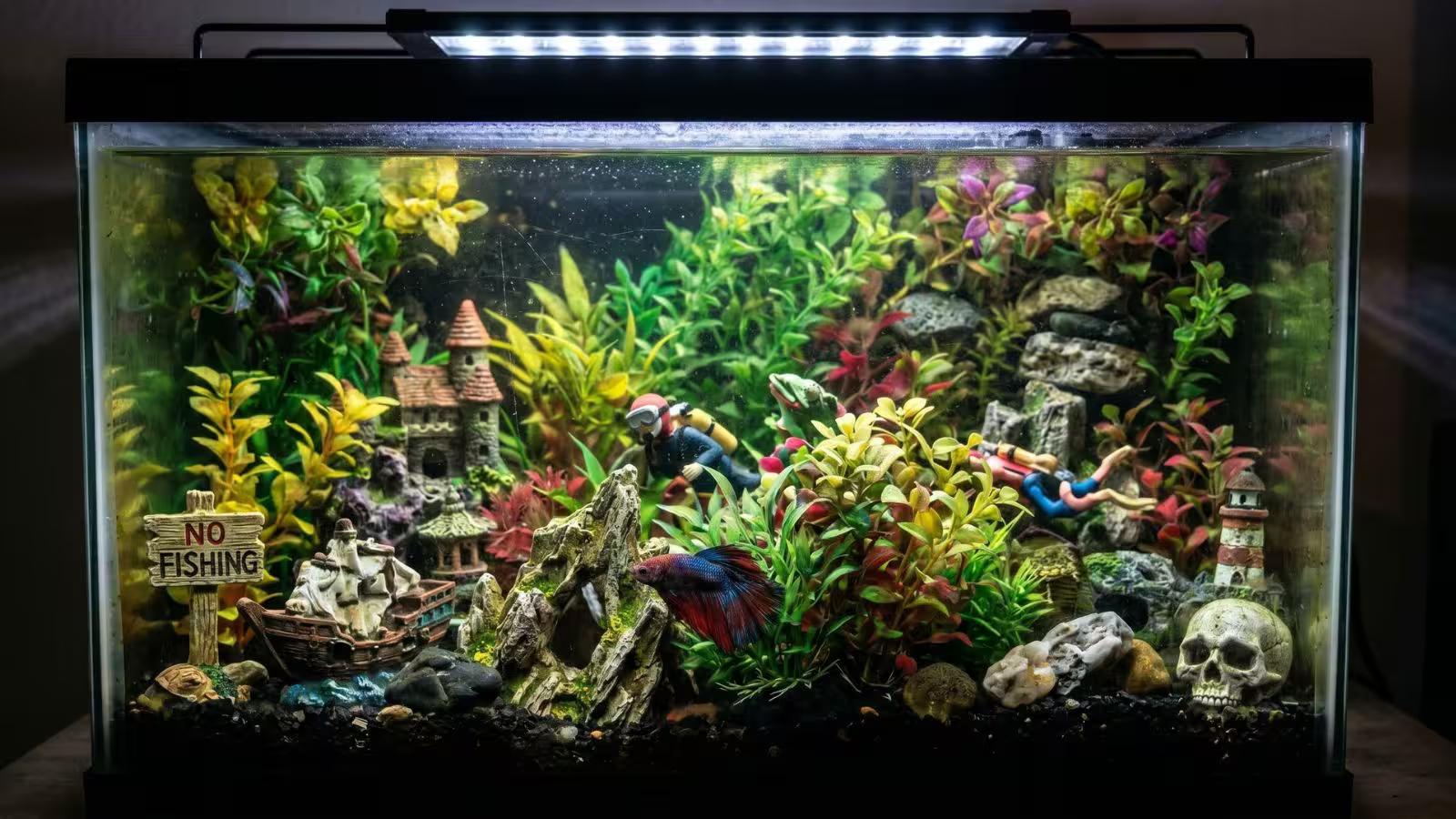 Overcrowded betta tank example showing too much decor and limited swimming space