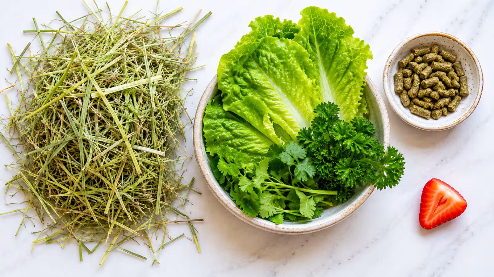 Balanced guinea pig diet with hay leafy greens pellets water and strawberry treat
