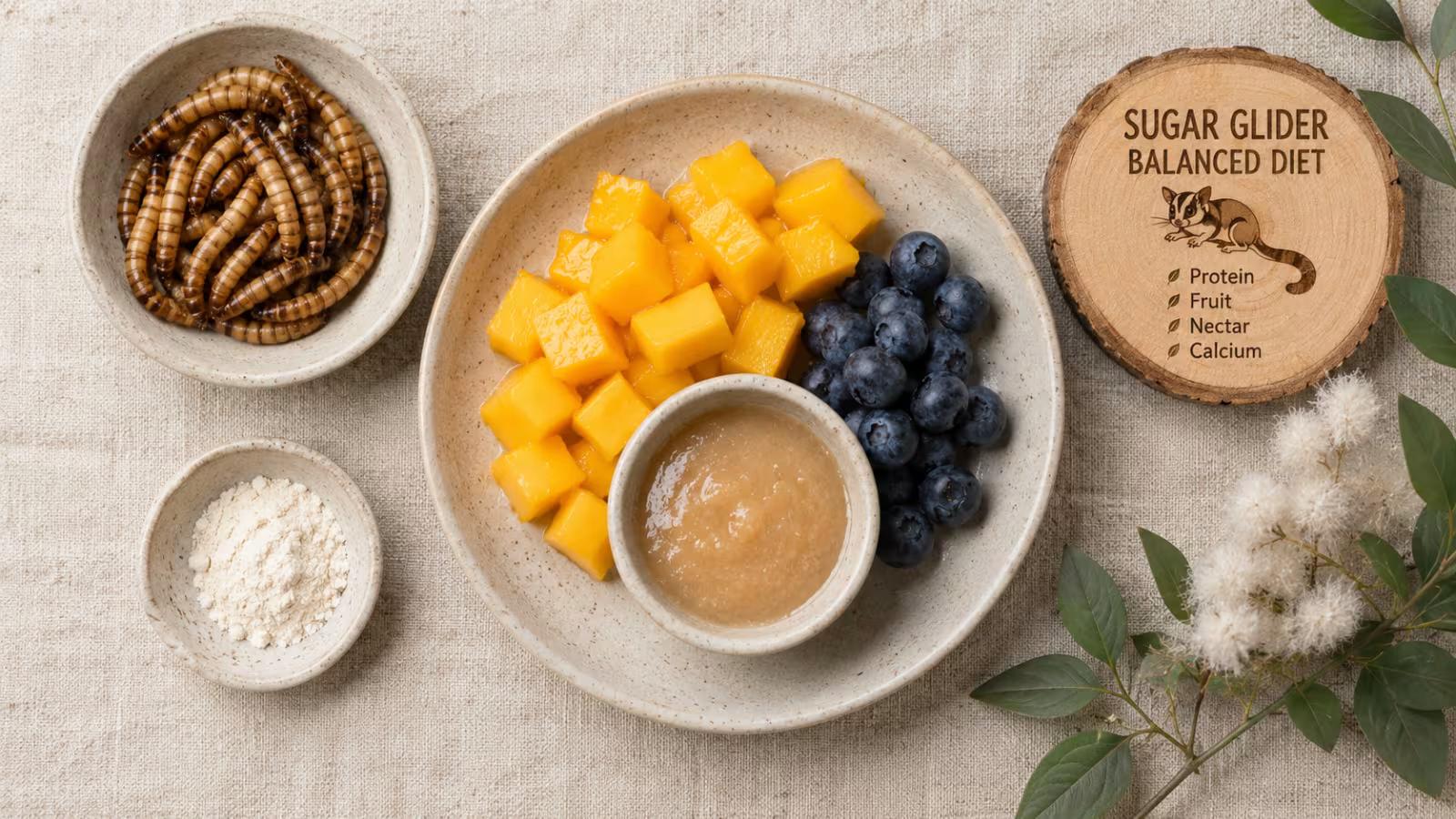 Balanced sugar glider diet with insects fruits and nectar mixture