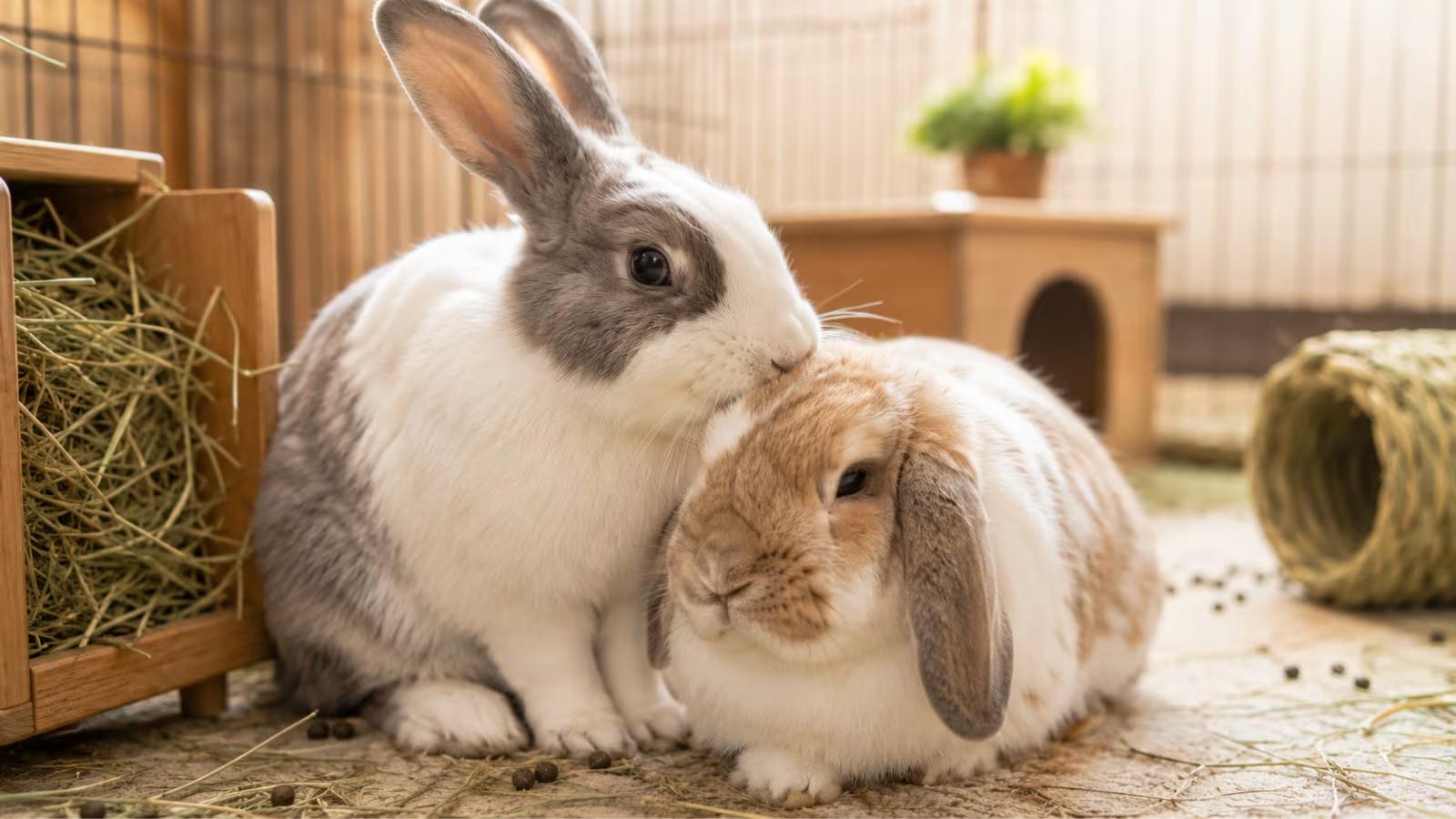 Two bonded rabbits sitting together indoors