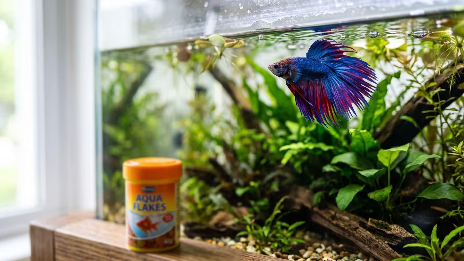 A betta fish swimming near the surface of a planted aquarium next to a container of goldfish flakes
