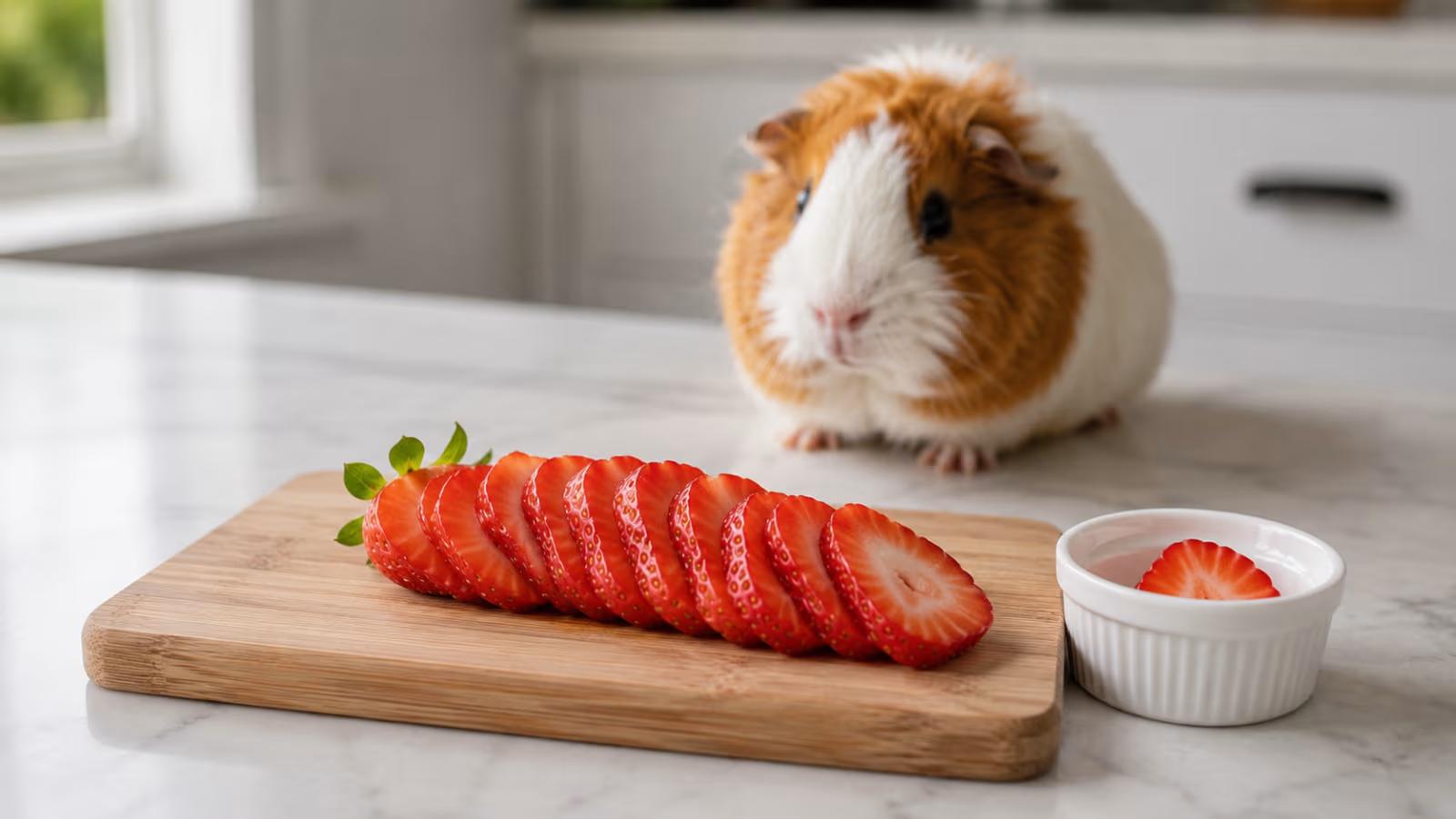 Guinea pig near too many strawberries showing overfeeding risk