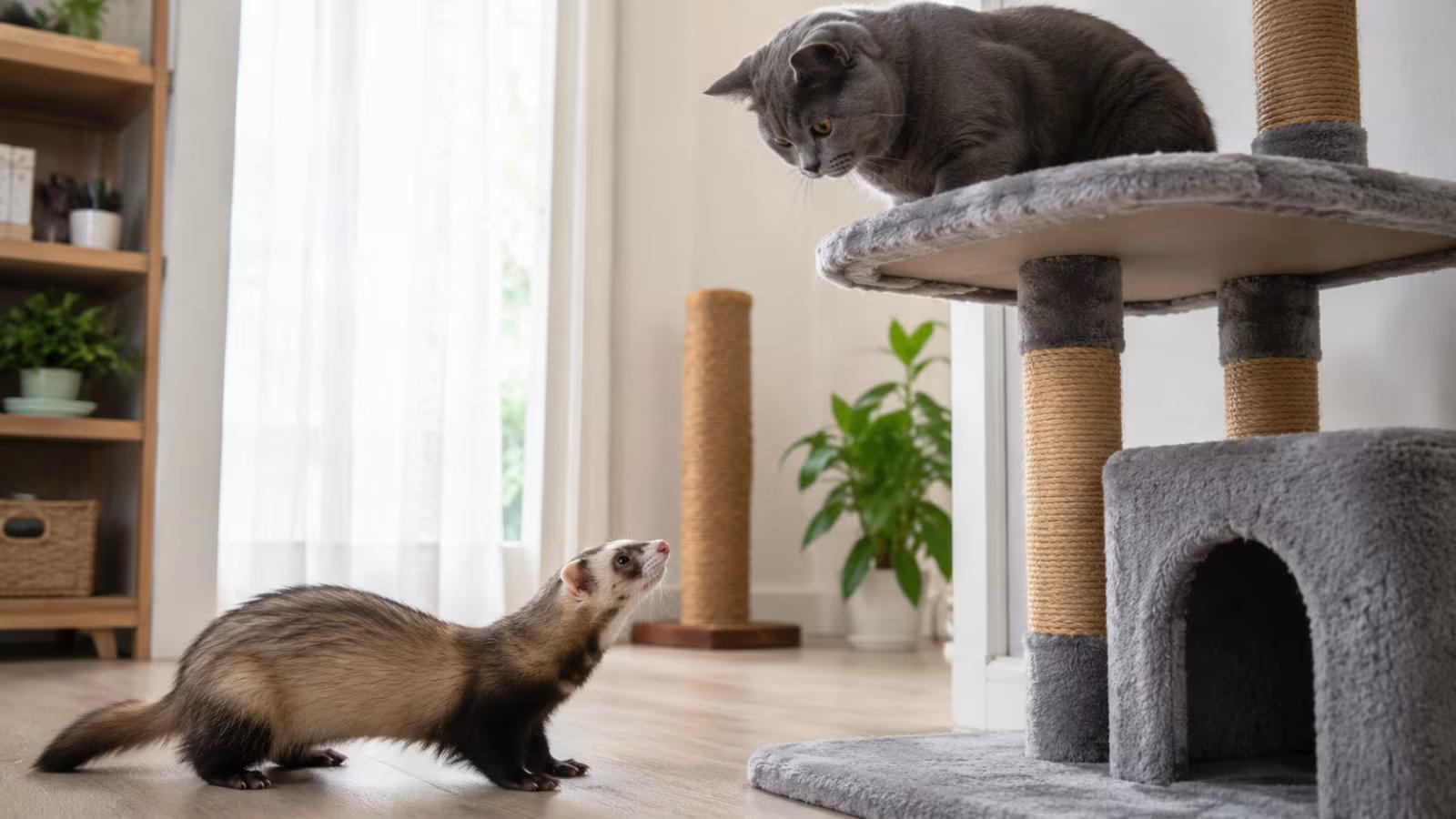 A cat retreating to an elevated cat tree while watching a ferret below