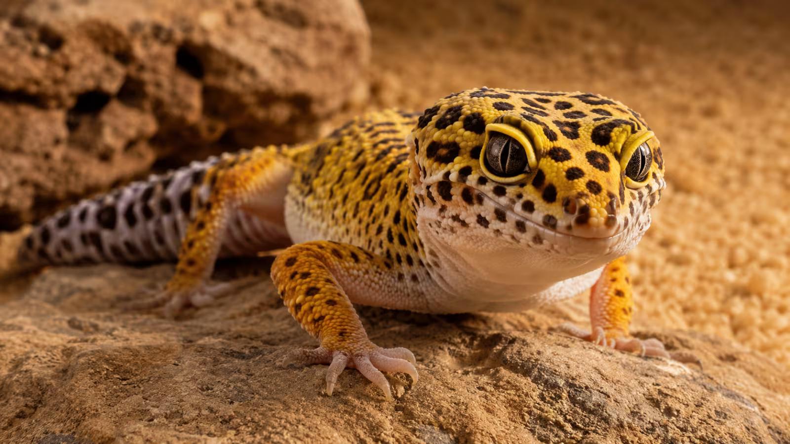 A healthy adult leopard gecko with yellow and black spotted markings resting on rocky sandy substrate inside a naturalistic terrarium setup