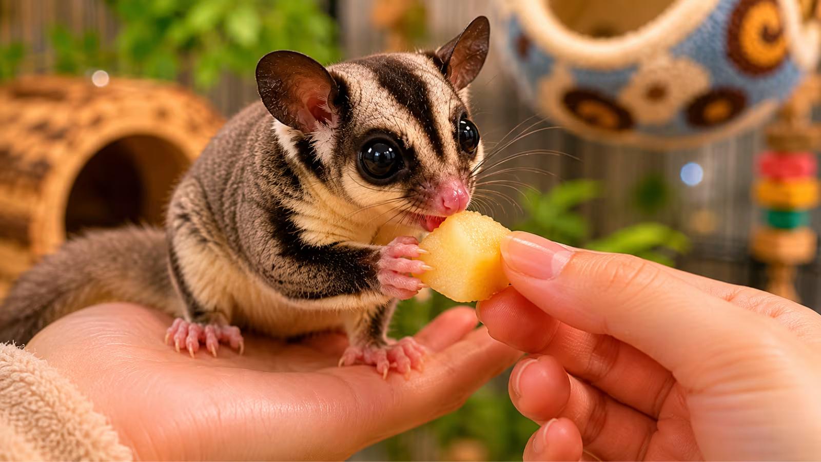 Hand feeding sugar glider a piece of fruit