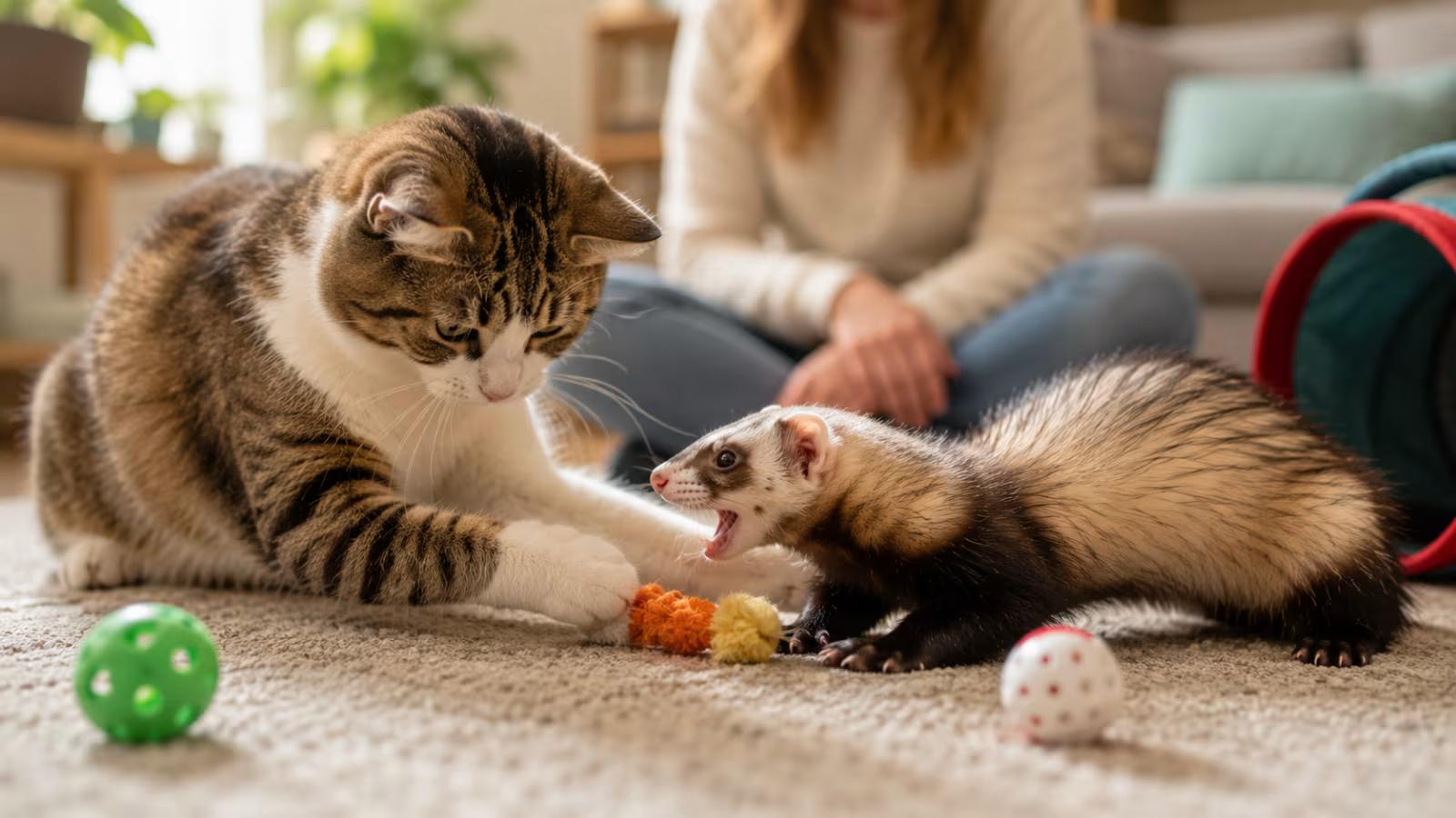 A cat and ferret sharing supervised space in a pet-friendly home