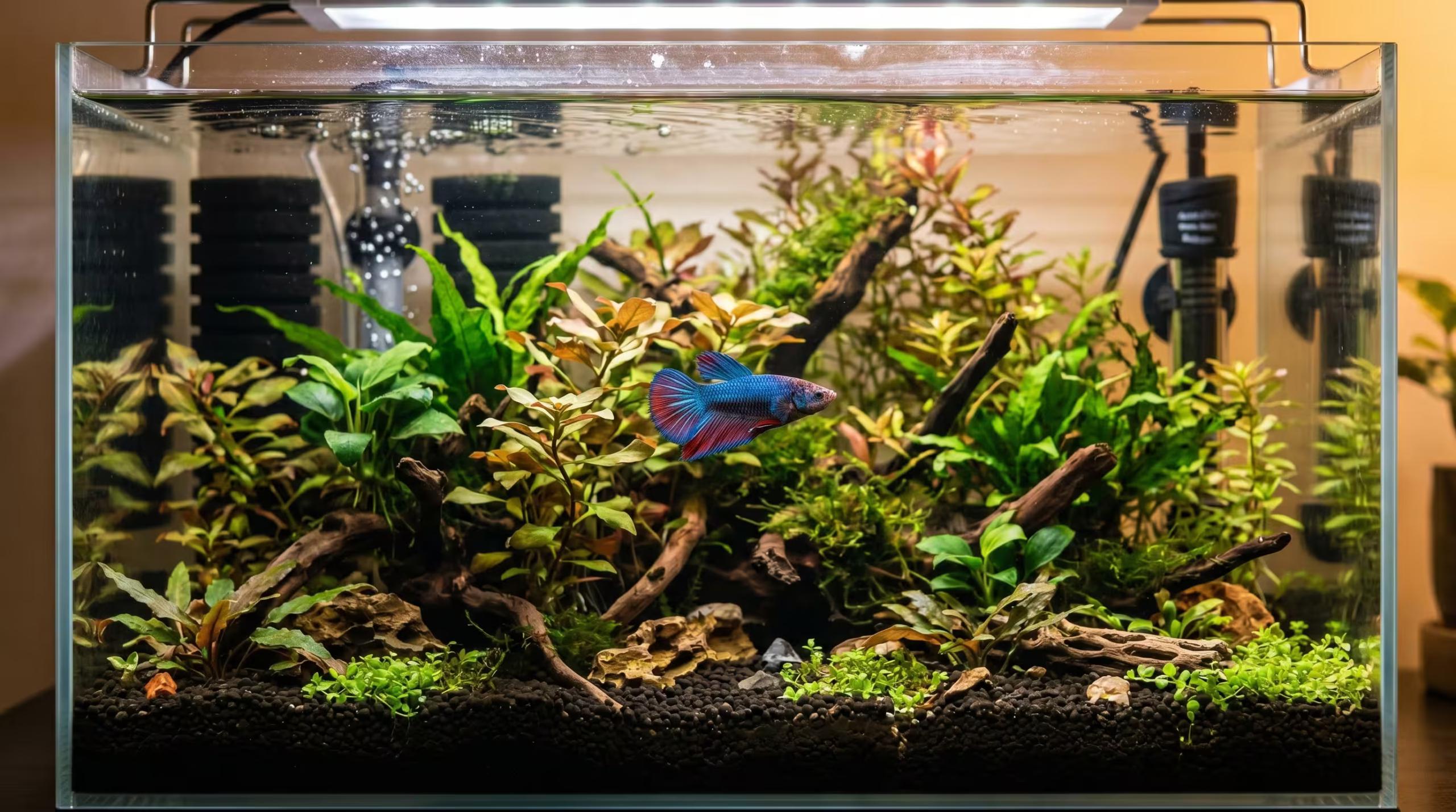 Professional photograph of healthy female betta fish swimming in planted 5-gallon aquarium with heater and natural plants.