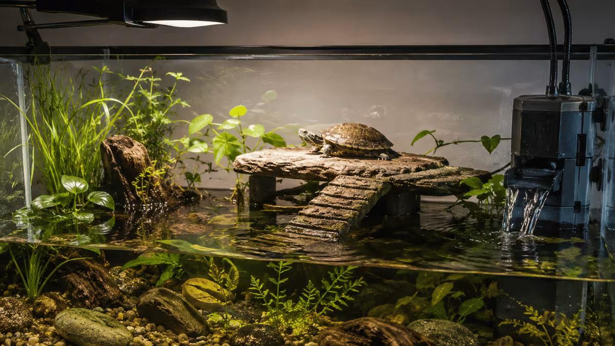 Well-set-up aquatic turtle tank with basking platform, UVB lamp, internal filter and natural substrate for razor-backed musk turtles