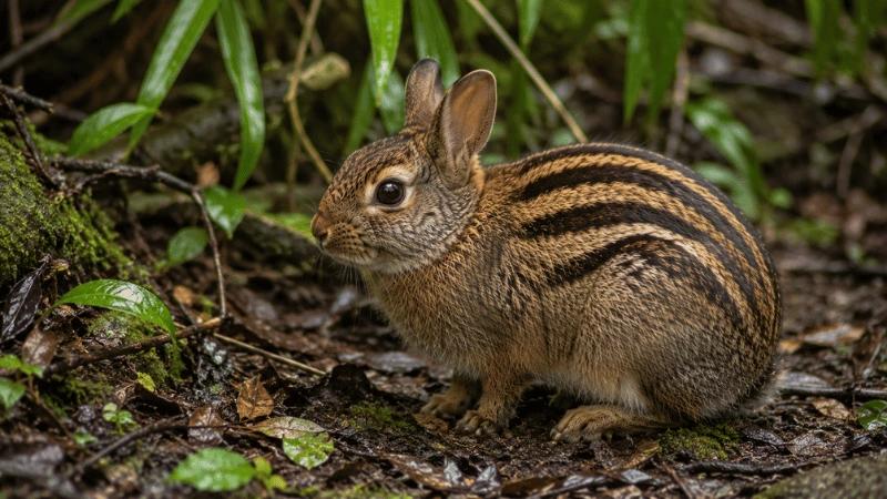 Sumatran striped rabbit with distinctive dark stripes on back