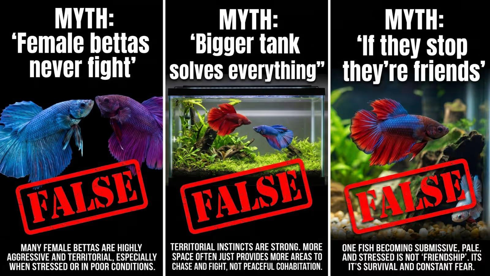 Myth-busting infographic with three debunked betta myths: females fighting despite being 'peaceful,' two bettas fighting in a large tank, and a subordinate betta hiding while dominant betta claims territory