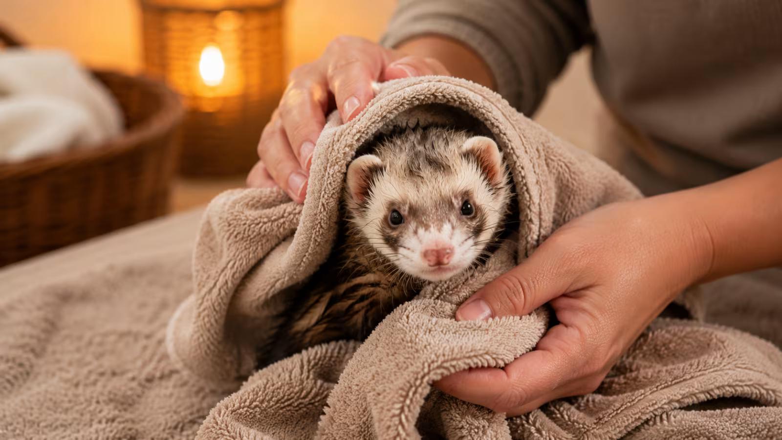 Ferret being gently dried with a towel after supervised water play