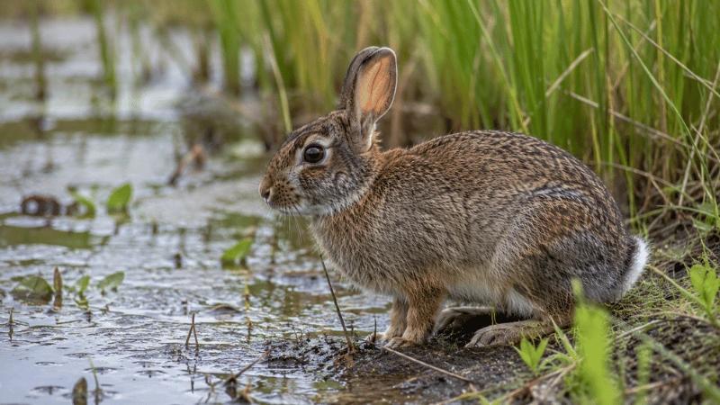 Swamp rabbit near water in wetland habitat