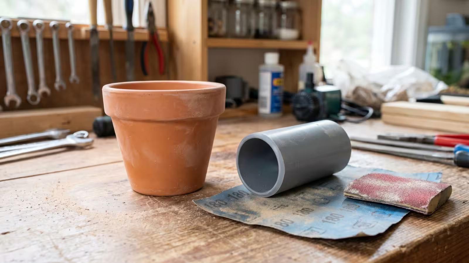 DIY betta tank decorations made from sanded terracotta pot and PVC pipe