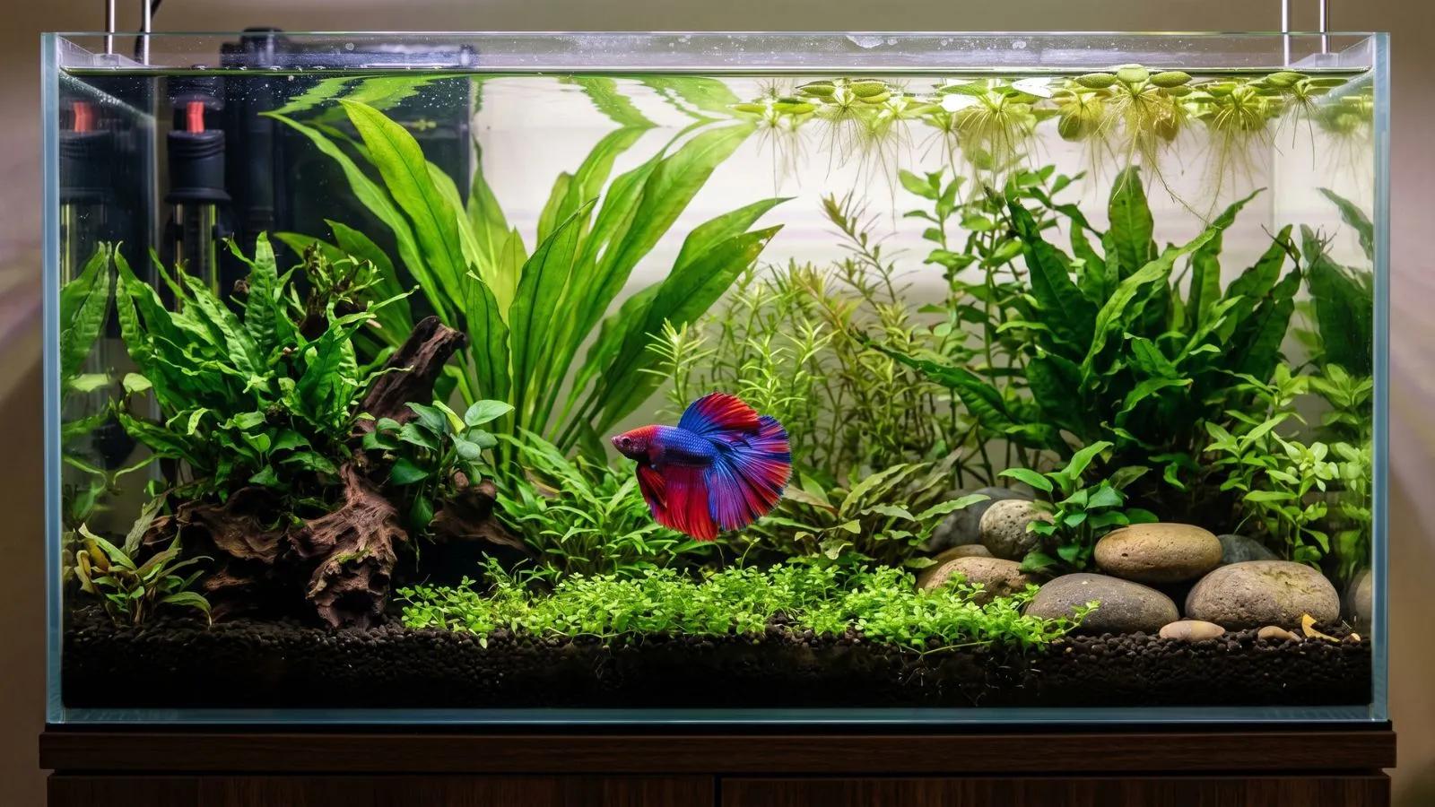 A fully set up 15 gallon betta fish tank with live plants, driftwood, and a vibrant halfmoon betta fish