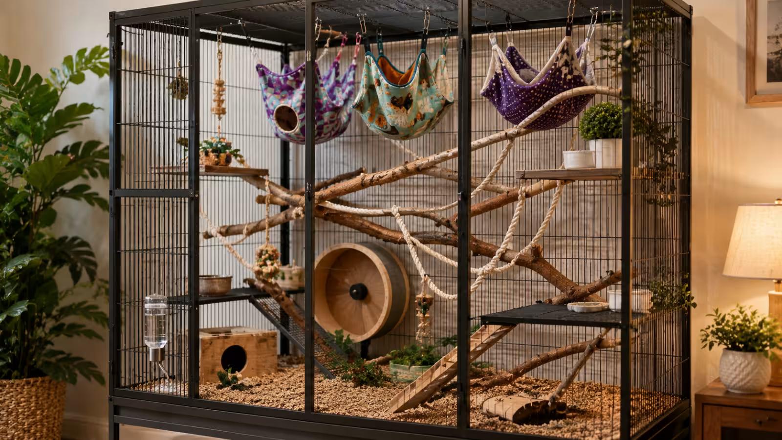 Tall enriched cage setup for a gliding exotic pet