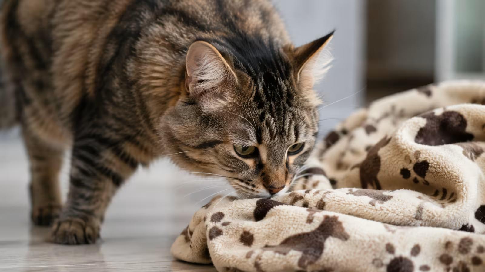 A cat cautiously sniffing a ferret blanket during scent introduction