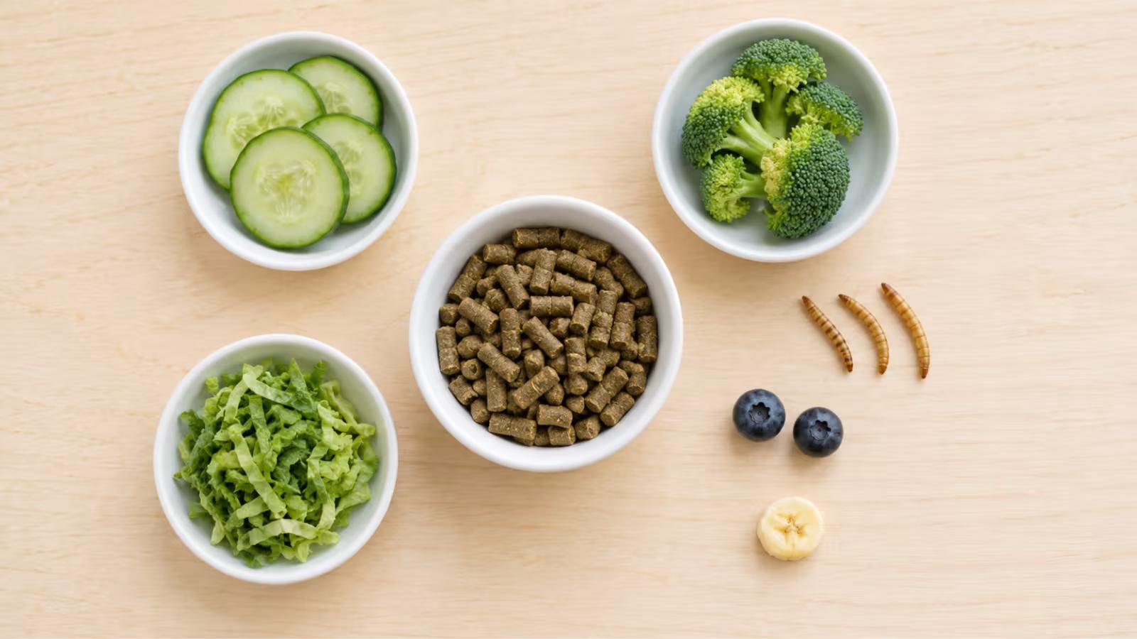 A healthy hamster diet with pellets, vegetables and treats