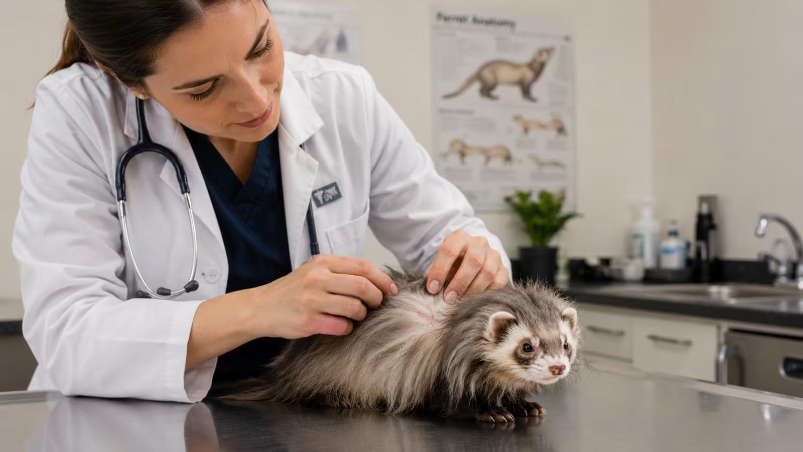 Veterinarian examining an angora ferret on an exam table
