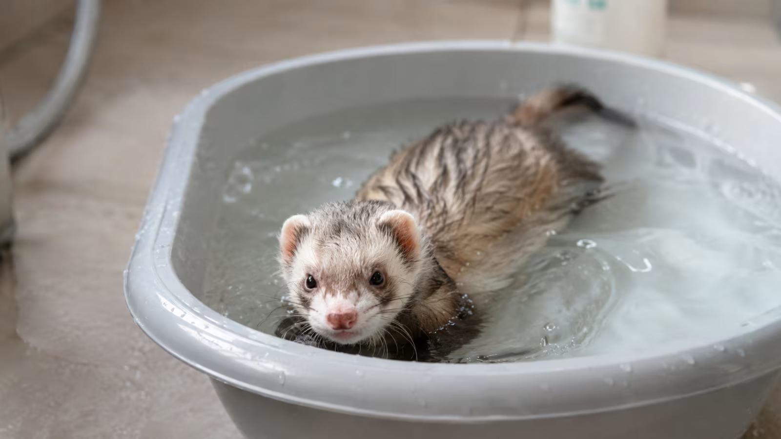 A curious pet ferret paddling in shallow lukewarm water in a plastic basin