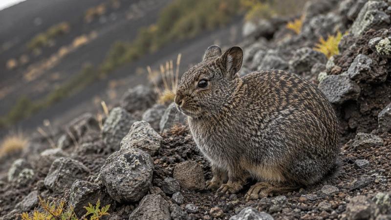Volcano rabbit with short rounded ears and dark speckled fur on rocky slope