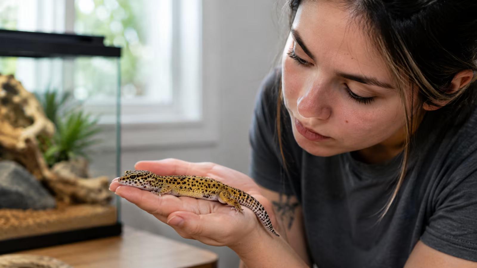 Leopard gecko being monitored for body condition and health