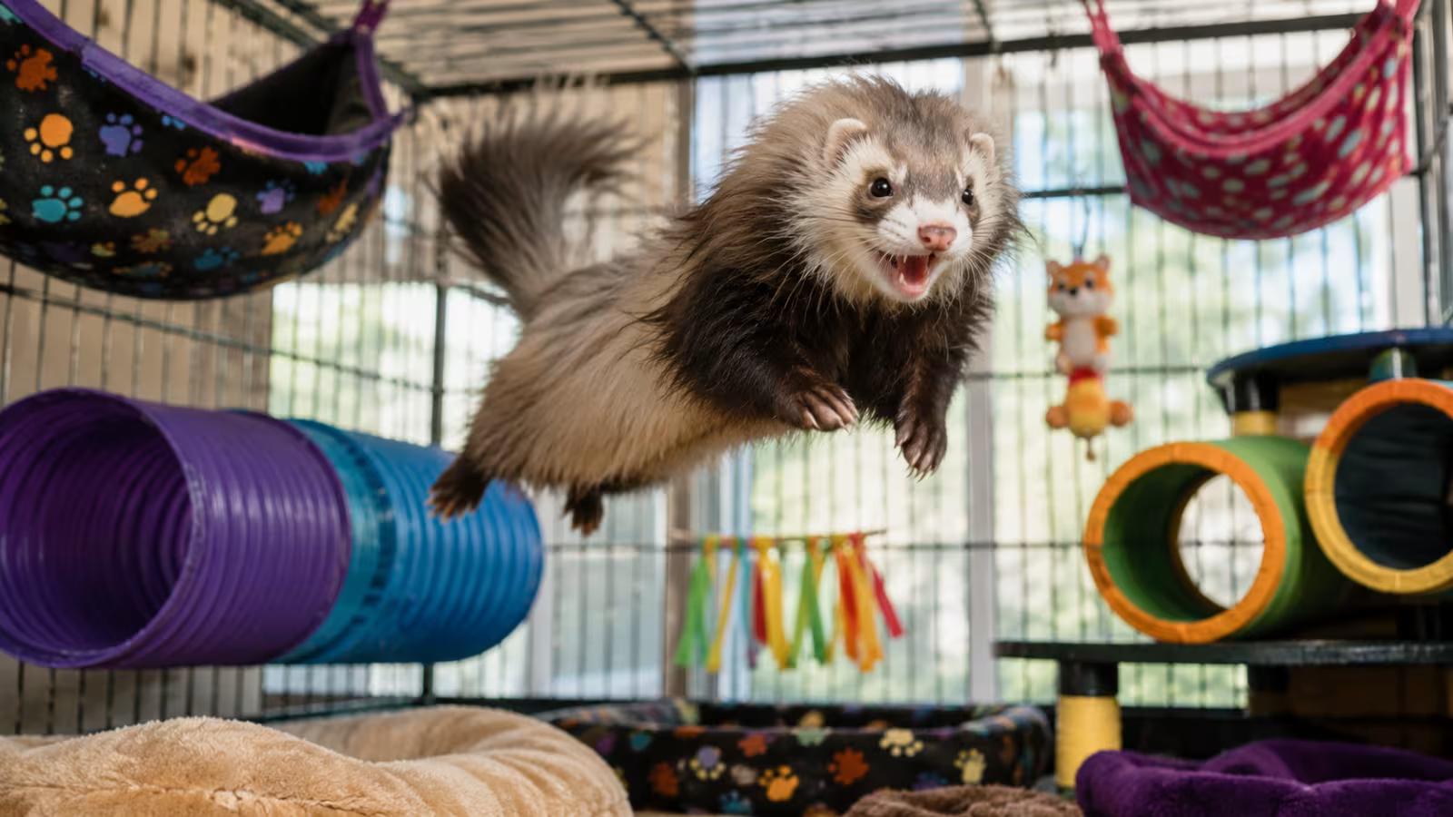Playful angora ferret exploring indoors