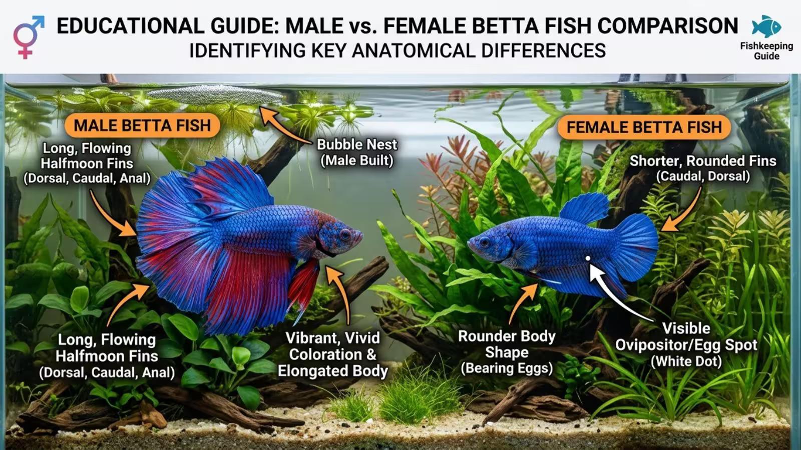 Side-by-side comparison of male and female betta fish showing fin length, body shape, egg spot, and color differences.