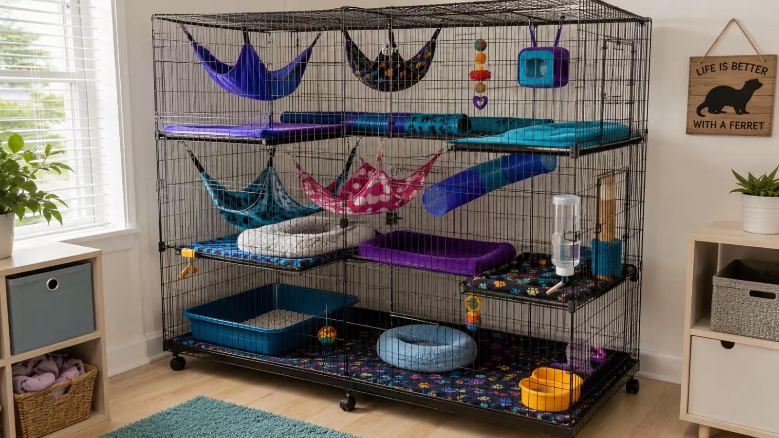 Multi level ferret cage with hammocks tunnels and toys