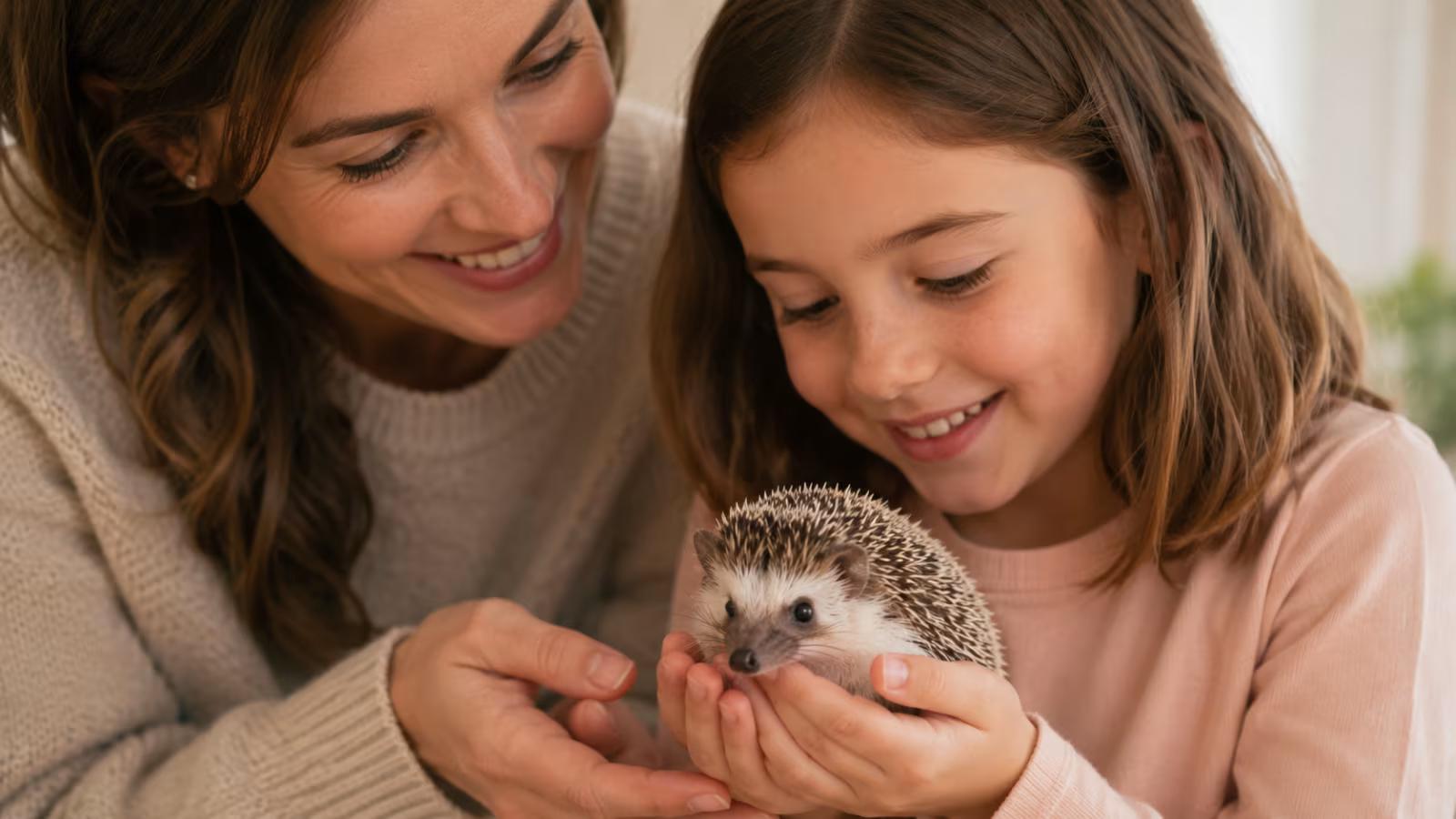 Parent and child safely handling a hedgehog together