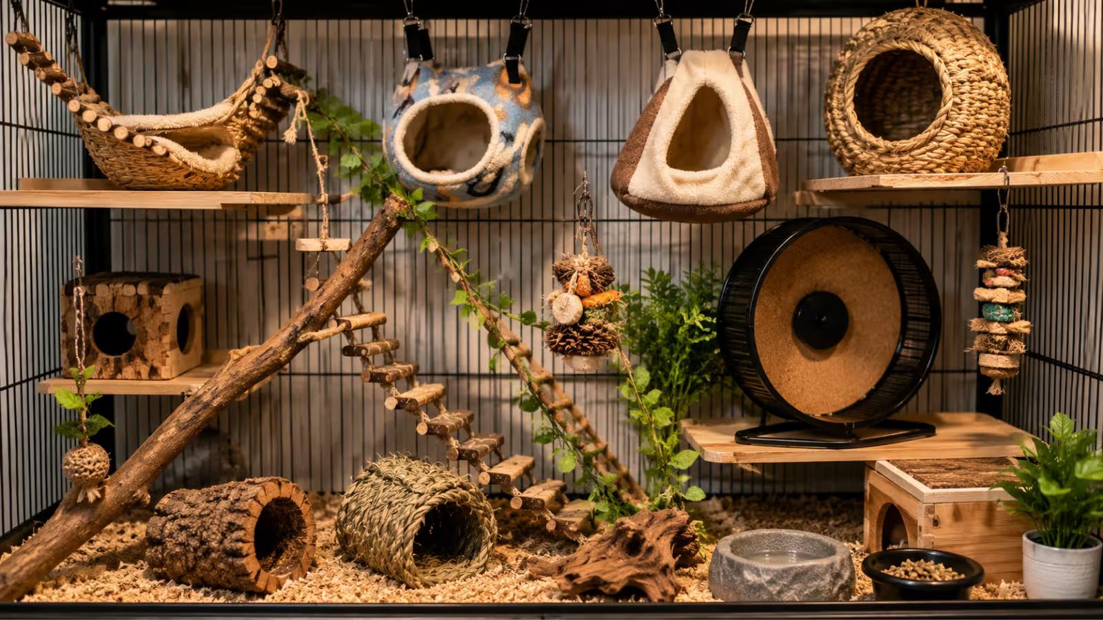 Well-equipped enriched sugar glider cage setup