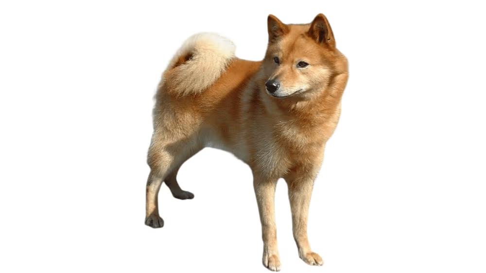 Finnish Spitz dog with golden-red coat standing in nature, resembling a red fox