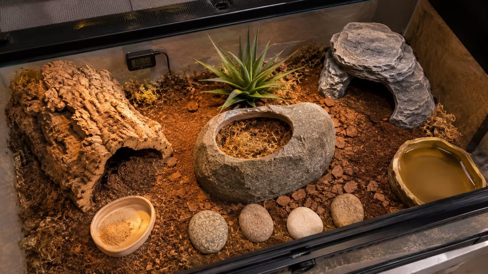 Leopard gecko in a naturalistic terrarium setup