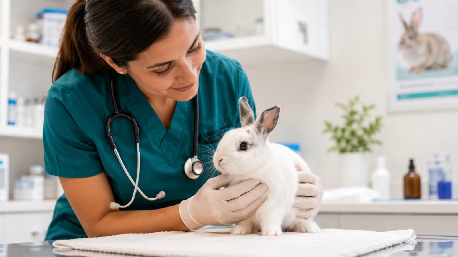 Veterinarian examining a rabbit