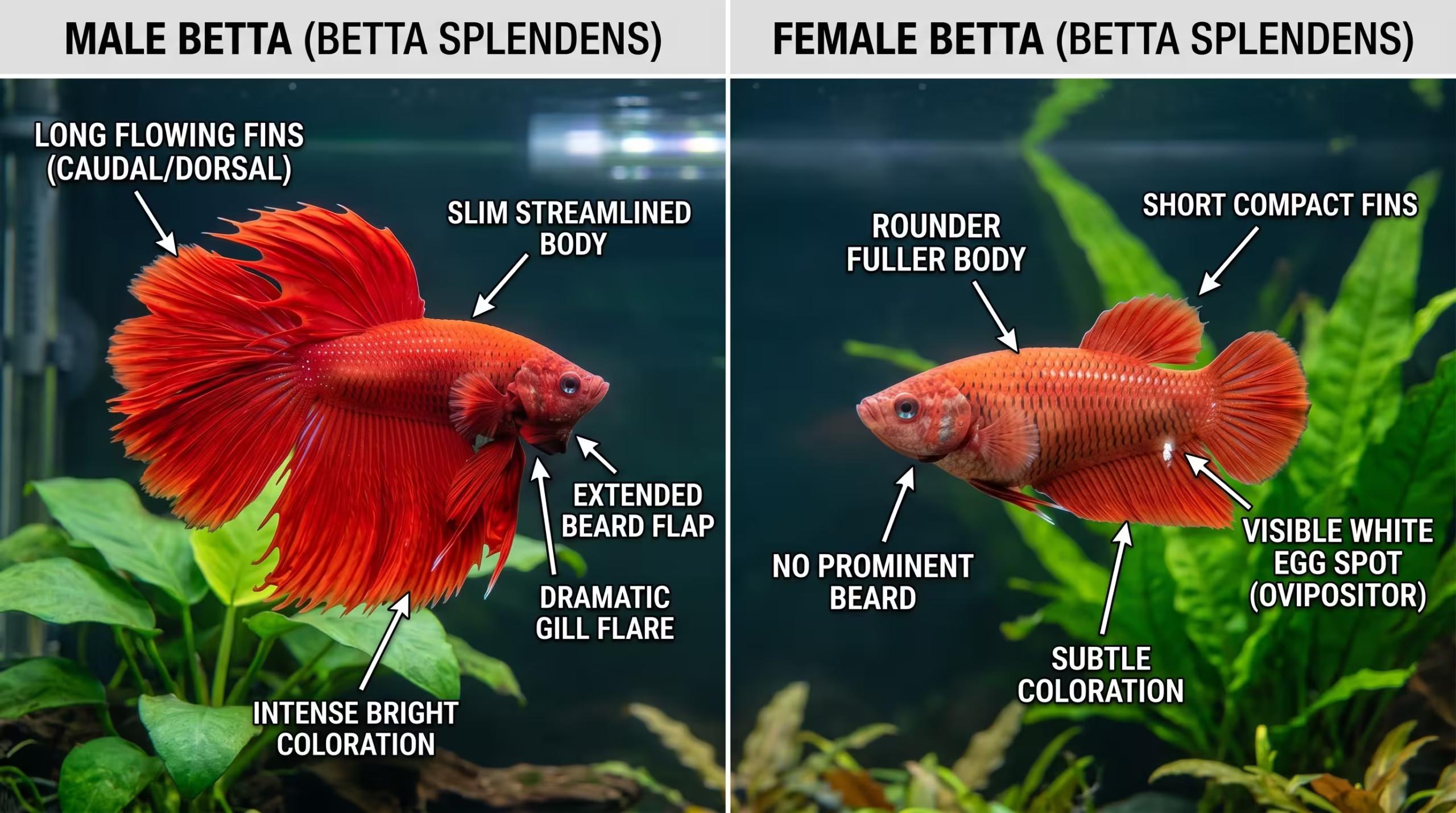 Side-by-side identification guide comparing male betta with long fins and beard to female betta with shorter fins, rounder body, and visible egg spot.