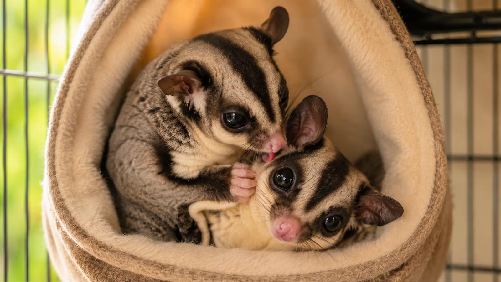 Two sugar gliders grooming each other