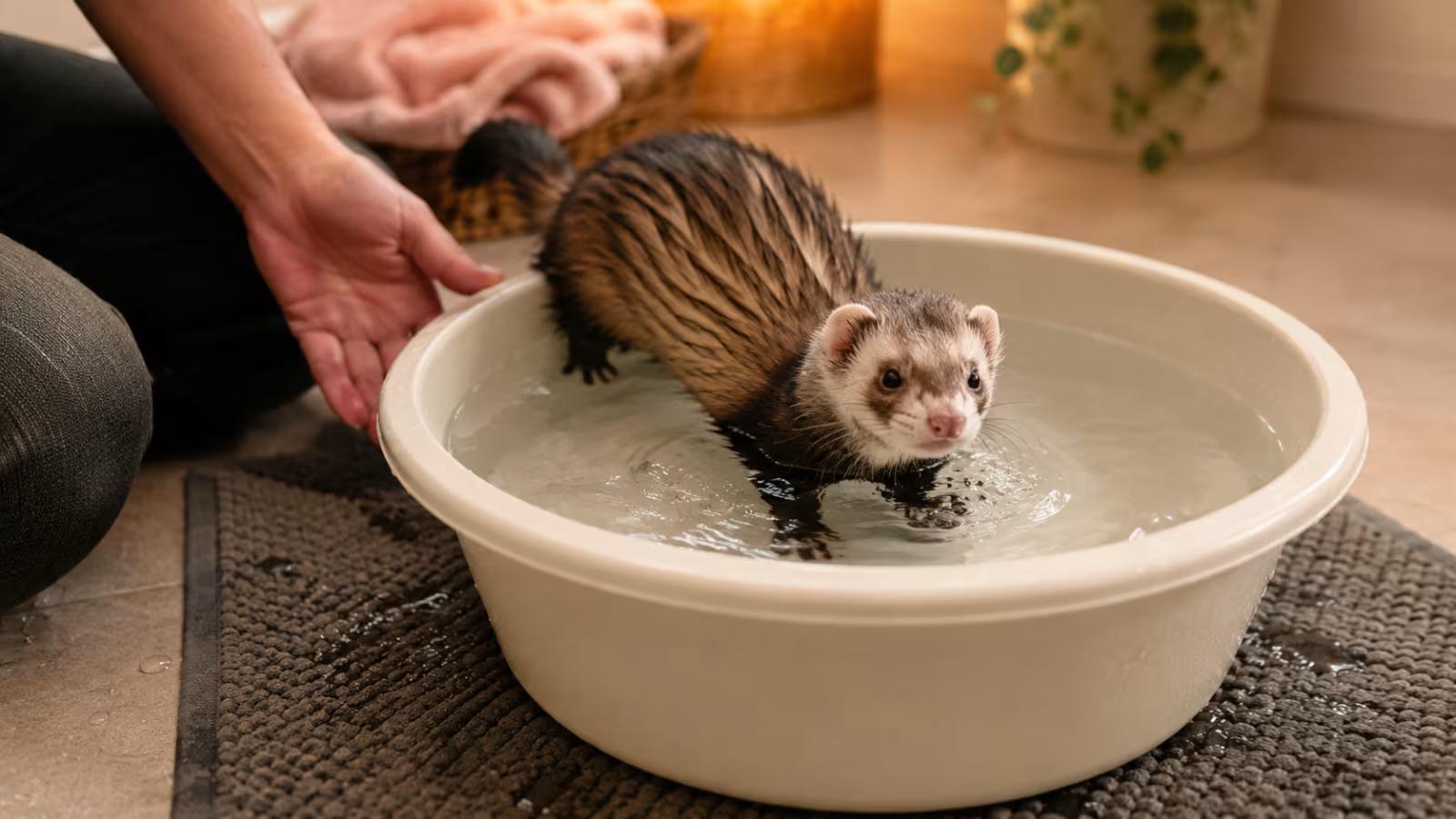 Ferret calmly exploring shallow water in a safe indoor setting