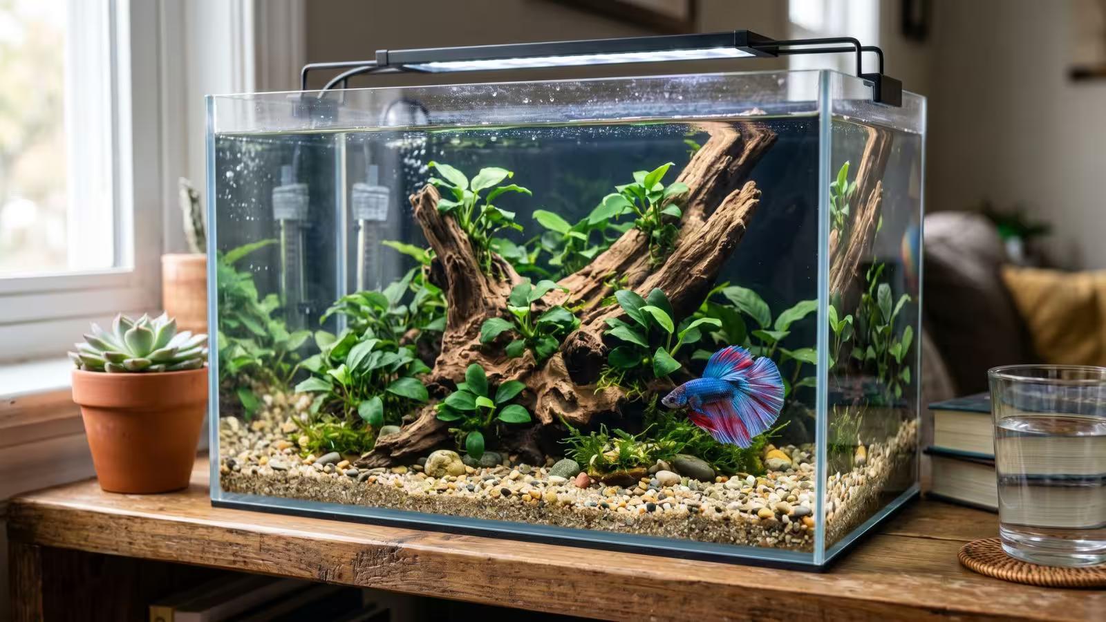 Small nano betta aquarium with compact driftwood and Anubias nana plants